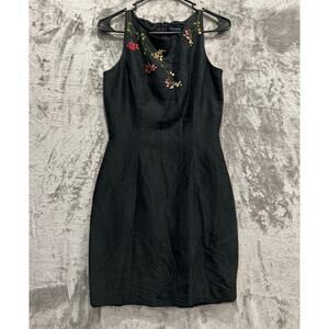 Ann Taylor Embroidered Floral Sheath Dress Size 8P Petite Black Silk Mini Dress